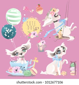 Cute baby dog, puppy, collection, set. Adorable little girl princess dog with flowers, balloons, tied bow, macaroons, cupcake, tea cup, lantern, swing and bones with bows