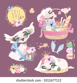 Cute baby dog, puppy, collection, set. Adorable little girl princess dog with flowers, floral wreath, romantic basket, bird, macaroons, butterfly, bunny ears, tied bows and whimsical lantern