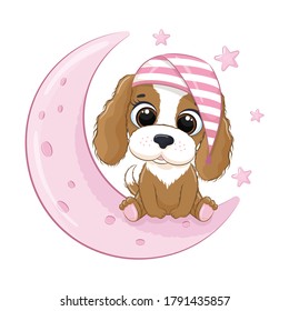 Cute baby dog sitting on the moon. Vector illustration for baby shower, greeting card, party invitation, fashion clothes t-shirt print.