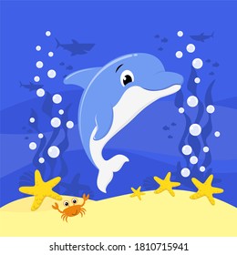 cute baby dolphin cartoon illustration with bubbles and under the sea background. Design for baby and child