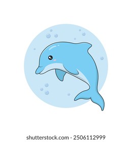 Cute Baby Dolphin with Little Bubbles around on Blue Circle Background Vector Illustration. Blue Cartoon Character from Undersea World. Underwater Life.