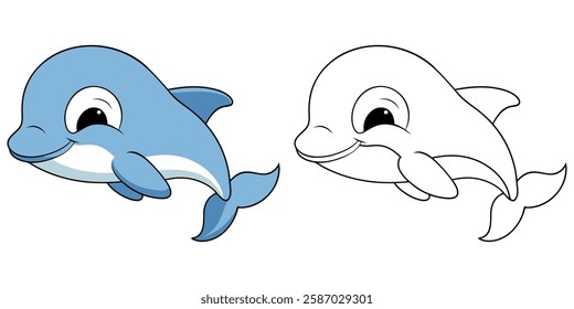 Cute Baby Dolphin Smile Cartoon Coloring Book For Kids Printable Outline Vector