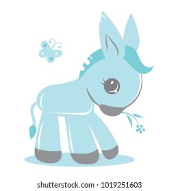 Cute baby donkey and a butterfly cartoon character vector illustration. Can be used for baby products logo design and baby shower celebration invitation and greeting card.