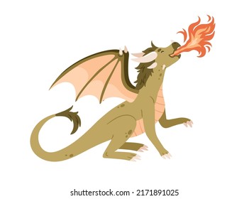 Cute baby dragon breathing out fire flames. Childish fairy character. Fairytale legend dinosaur. Magic fantasy dino, green reptile with wings. Flat vector illustration isolated on white background