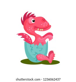 Cute baby dragon in broken egg shell. Pink fantastic animal with small wings. Flat vector design