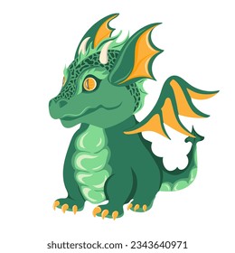 Cute baby dragon cartoon. Green Dragon symbol of 2024 year. Hand drawn vector illustration