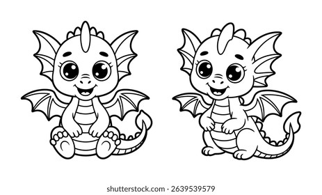 Cute Baby Dragon Cartoon Illustration for Coloring Book and Kids Fantasy Designs
