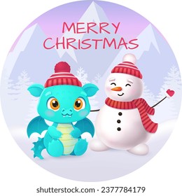 Cute baby dragon character with winter forest landscape. Merry christmas and Happy new year 2024 invitation card. Winter holidays.