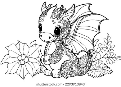 A cute baby dragon coloring page illustration, featuring a friendly dragon with big eyes and small wings surrounded by flowers