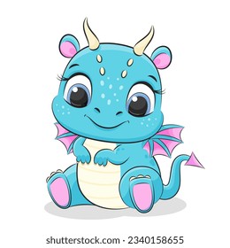 Cute baby dragon or dinosaur. Symbol of 2024. Colorfull cartoon vector illustration.