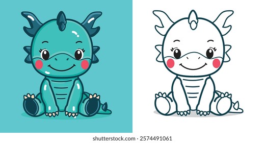 A cute baby dragon doll cartoon illustration for a sticker, design element, or coloring book element