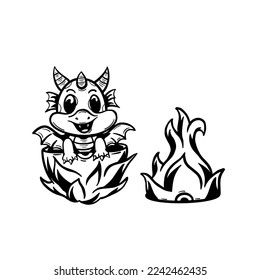 Cute baby dragon egg black and white illustration