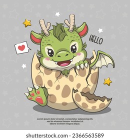 Cute Baby Dragon In Egg, Cartoon Vector Illustration