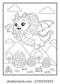 Cute Baby Dragon Flying with Easter Egg Coloring Page for Kids. Cute Fantasy Creature Illustration. perfect for children’s coloring pages and Easter-themed activities.