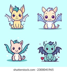 Cute baby dragon kawaii chibi cartoon set collection illustration

