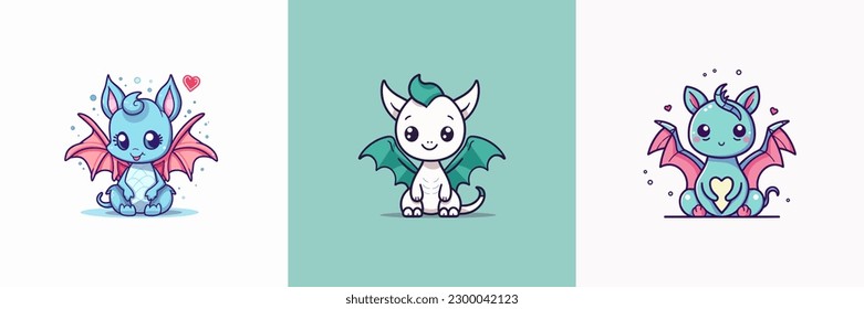 Cute baby dragon kawaii chibi cartoon set collection illustration