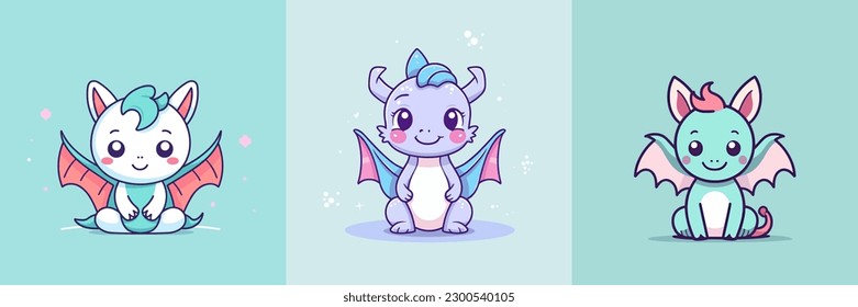 Cute baby dragon kawaii chibi conjunto de dibujos animados ilustración de la colección