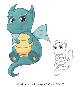 Cute Baby Dragon with Line Art Drawing, Mythology Animal, Vector Character Illustration Mascot Logo in Isolated White Background.
