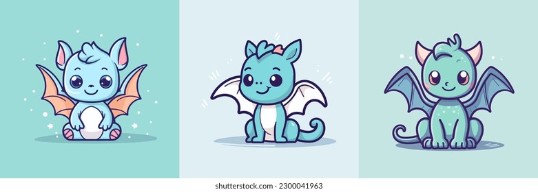 Cute baby dragon mascot kawaii chibi cartoon set collection illustration