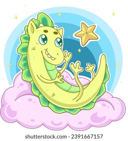 cute baby dragon on pink cloud with lot of stars on blue-dark background and trying grab one of the stars