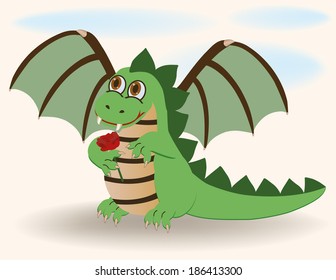 Cute baby dragon with rose, vector illustration