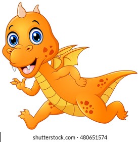 Cute baby dragon running. Vector illustration