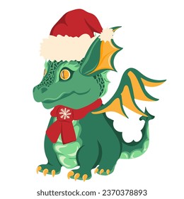 Cute baby dragon in santa hat. Green Dragon symbol of 2024 year. Hand drawn vector illustration