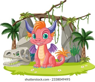 A cute baby dragon sits peacefully in a natural background