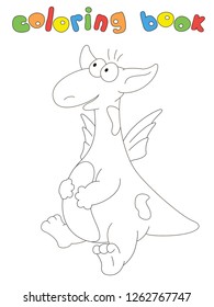 Cute baby dragon is sitting and listening. Coloring book for kids. Digital illustration