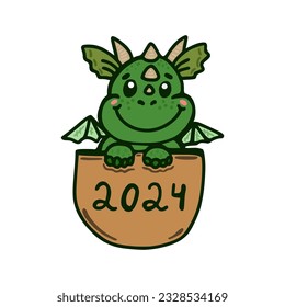 Un lindo dragón bebé está sentado en un bolsillo. Año del Dragón de la Madera Verde, 2024.