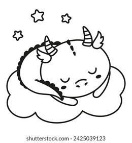 cute baby dragon sleeping on cloud isolated on white background, outline flat vector illustration with symbol of new year