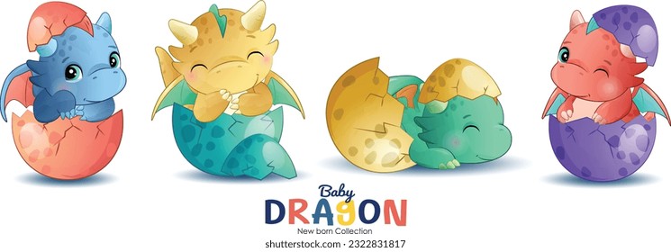 Cute Baby Dragon With watercolor illustration set