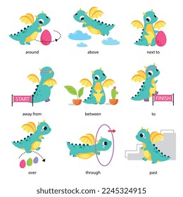 Cute Baby Dragon with Wings Learning English Preposition Word Vector Set