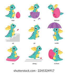 Cute Baby Dragon with Wings Learning English Preposition Word Vector Set