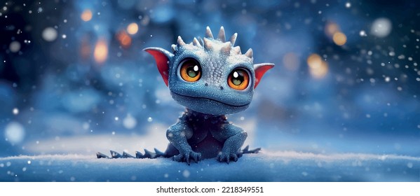 cute baby dragon in a winter forest on a winter day. christmas dragon.