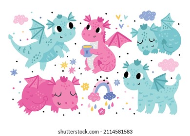 Personajes de pequeños dragones con estilo de dibujos animados. Animales de cuento de hadas para niños. Fantasía de los niños dibujando ilustraciones vectoriales de dragón. Pequeños dinosaurios. Diseño de ropa. Impresión de prendas de vestir