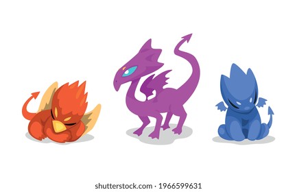 Cute Baby Dragons Set, Beautiful Magical Fairytale Animals Cartoon Vector Illustration