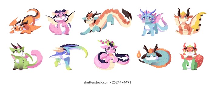 Cute baby dragons set. Chinese fairytale monsters with horns, tails, wings. Funny oriental characters of lunar horoscope flying, play, have fun. Flat isolated vector illustrations on white background