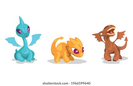 Cute Baby Dragons Set, Colorful Mythical Animals Characters Cartoon Vector Illustration