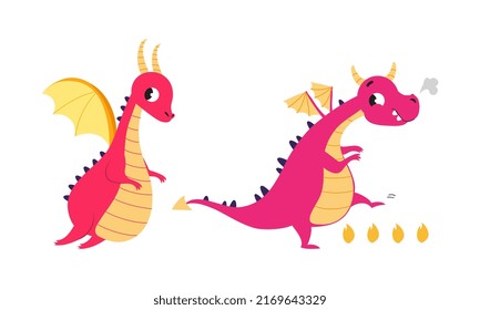 Cute baby dragons set. Funny bright little dinosaurs, fairytale creatures cartoon vector illustration