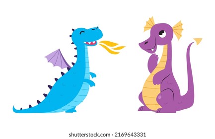 Cute baby dragons set. Funny blue and purple little dinosaurs, fairytale creatures cartoon vector illustration