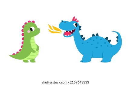 Cute baby dragons set. Funny bright green and blue little dinosaurs, fairytale creatures cartoon vector illustration