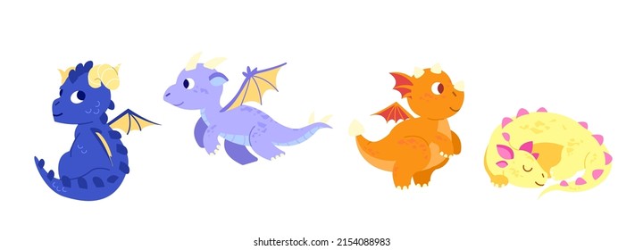 Cute baby dragons set. Happy funny fairytale animals. Flying dinosaurs with wings. Adorable friendly fantasy monsters. Magic creatures colorful. Vector illustration