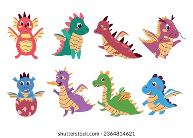 Cute baby dragons set. Happy fairy animals collection. Newborn cute dinosaurs characters set. Dino collection in cartoon style. 
