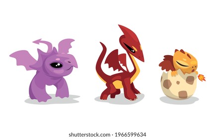 Cute Baby Dragons Set, Magical Fairytale Animals Characters Cartoon Vector Illustration