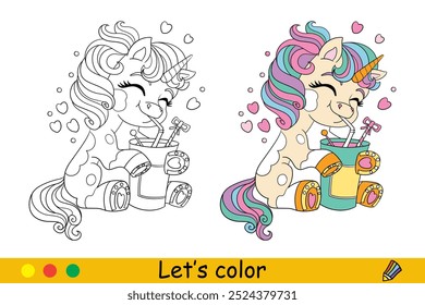 Lindo bebé soñando unicornio con un cóctel y corazones. Niños para colorear con muestra de color. Ilustración vectorial aislada sobre fondo blanco. Para colorear libro, educación, impresión, juego, rompecabezas, diseño