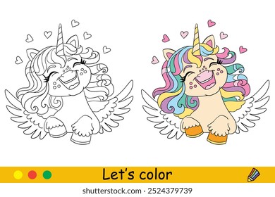 Lindo bebé soñando unicornio con melena de arco iris y alas. Niños para colorear con muestra de color. Ilustración vectorial aislada sobre fondo blanco. Para colorear libro, educación, impresión, juego, rompecabezas, diseño