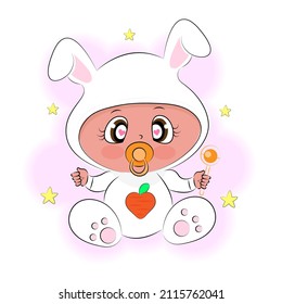 Cute baby, baby dressed as a rabbit, Funny cartoon character looking with cute eyes and holding a rattle, Textile print, t-shirt, Baby shower, packaging design, Vector illustration
