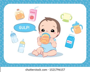 Cute baby drinking water,  juice or something. And related items. Vector illustration.