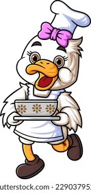 cute baby duck cartoon character wearing chef clothes and carrying big hot bowl of soup of illustration